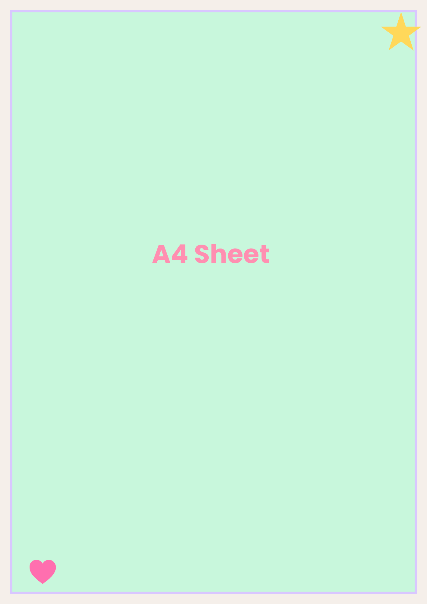 Light green A4 sheet with pink text and heart on a light purple border