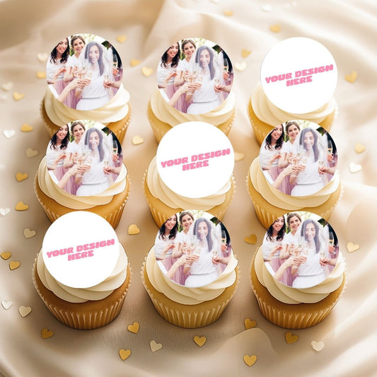 Cupcakes with personalized toppers featuring photos and text on a decorative background.