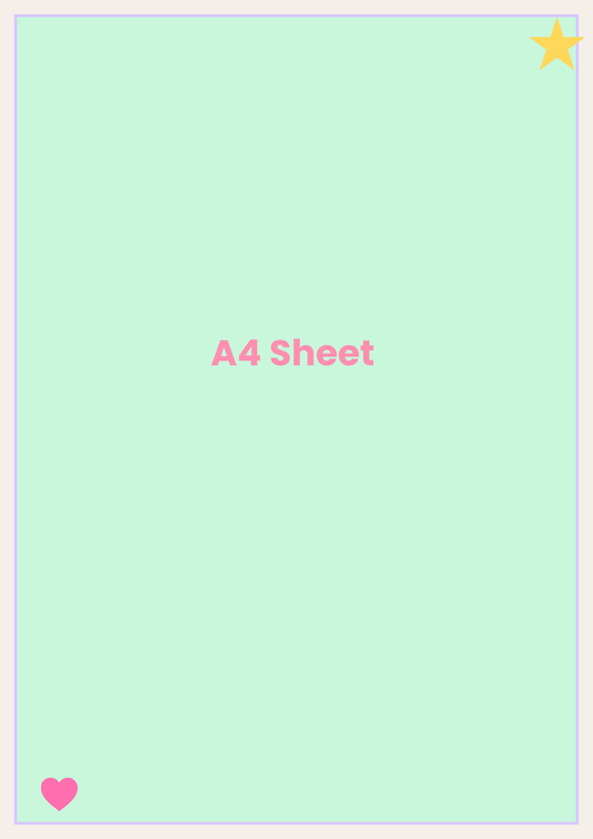 Light green A4 sheet with pink text and heart on a light purple border